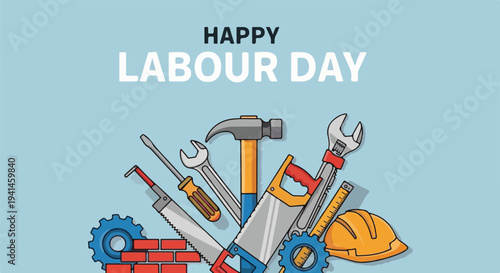 Happy Labour Day illustration with construction tools and bricks on a blue background.