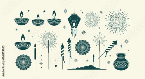 Diwali Festival of Lights Vector Illustration Set with Diya Lamps Fireworks and Mandala Silhouettes