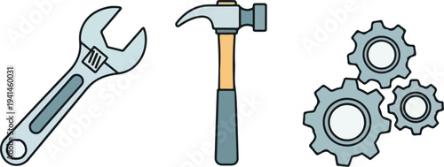 A set of three vector illustrations depicting common tools: an adjustable wrench, a hammer, and three interlocking gears.