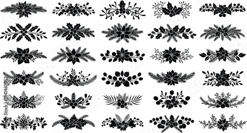 Collection of elegant black floral designs for Christmas decorations and projects