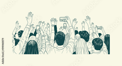 Illustration of a crowd cheering with raised hands and smartphones at a live music concert event