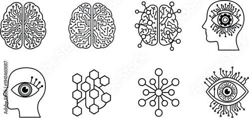 Collection of artificial intelligence icons featuring digital brain circuits neural networks and robotic eye sensors for modern tech and innovation,