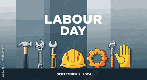 Happy Labour Day illustration with tools and safety equipment, celebrating workers and their contributions.