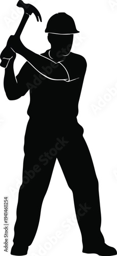Silhouette of a construction worker wearing a hard hat and swinging a hammer, ready to build or demolish.