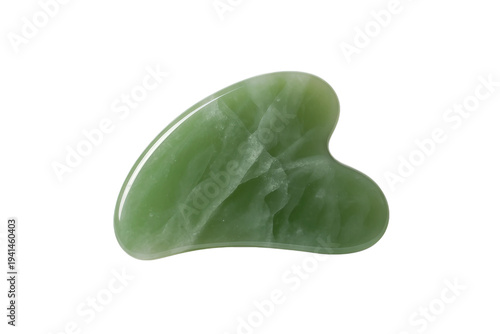 Green jade gua sha stone for facial massage and skin care treatment isolated on transparent background for beauty and wellness.