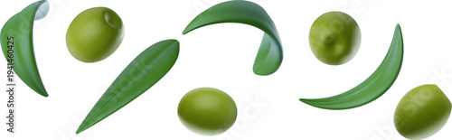 Set of 3D vector green olives and leaves isolated on white background. Floating and falling food elements for graphic design, patterns, and culinary layouts. Realistic organic fruit fragments.