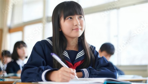 Obraz na płótnie 教室でペンを持ち笑顔で授業を受けるセーラー服の女子生徒