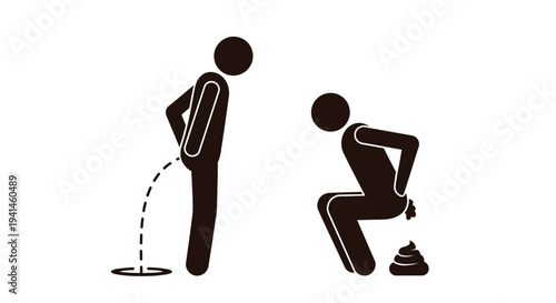 Simple vector graphic illustration depicting two figures engaged in distinct bodily waste elimination actions