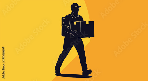 Silhouette of a delivery person carrying a package, symbolizing logistics and shipping services.