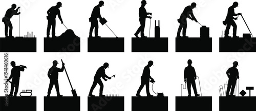 Construction worker silhouettes performing tasks, measuring, shoveling, bricklaying, concrete pouring, vector illustration for labor, industry, and building concepts
