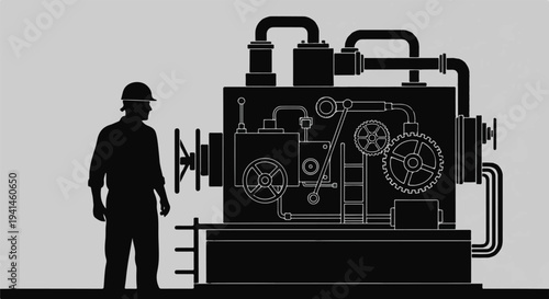 Silhouette of a worker in a hard hat standing next to a large, complex industrial machine with gears and pipes.