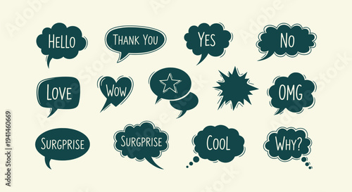 Set of Hand Drawn Teal Comic Speech Bubbles with Words Hello Thank You Yes No Wow OMG Surprise Cool