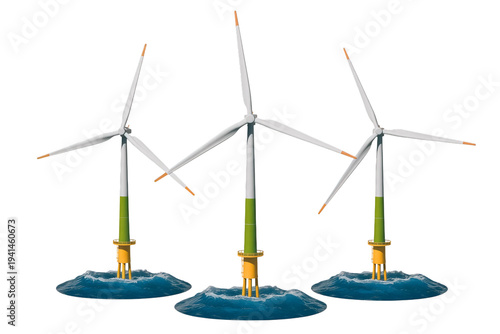 Three offshore wind turbines generating renewable energy in the ocean with water splashes isolated on transparent background cutout