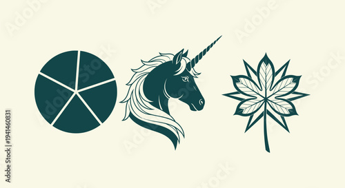 Minimalist icons set with dark green unicorn head, segmented circle and stylized chestnut leaf.