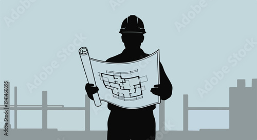 Silhouette of a construction worker wearing a hard hat, holding and examining blueprints on a building site.