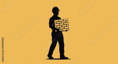 Silhouette of a construction worker carrying a stack of bricks on a yellow background.