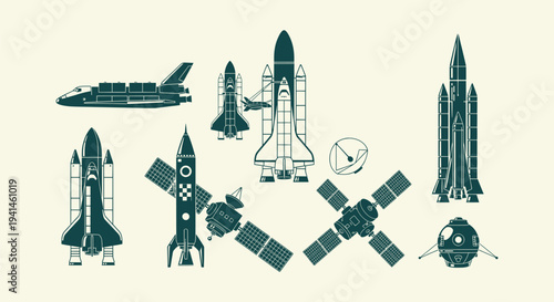 Set of Flat Vector Icons Representing Spacecraft, Rockets, Satellites, and Aerospace Technology
