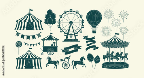 Vintage Carnival Icon Set with Carousel Ferris Wheel Circus Tent Balloons and Party Silhouettes