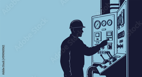 Engineer in hard hat operating complex machinery control panel with gauges and levers.