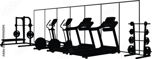 Gym equipment silhouettes, bench press, treadmills, elliptical machines, weight plates, fitness facility vector illustration for exercise, training, and health concepts