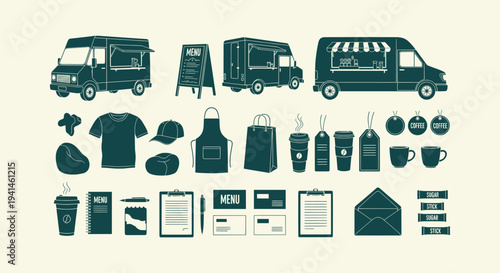 Coffee Food Truck Branding Identity Icons Set with Vehicles Apparel Packaging and Stationery Icons