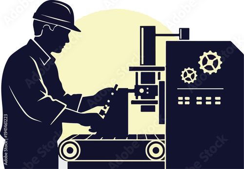Silhouette of a factory worker operating a large industrial machine on a production line, representing manufacturing and industry.