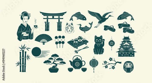 Traditional Japanese Culture Icons Collection with Geisha Sushi Torii Gate Bonsai and Lucky Cat Art