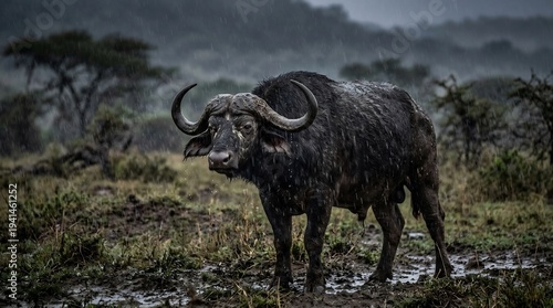 wet african buffalo standing in heavy rain on a muddy plain