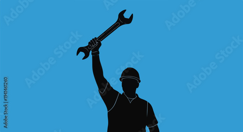 Silhouette of a worker holding a wrench above their head against a bright blue background, symbolizing strength and achievement.