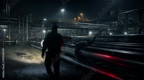 Nighttime patrol of pipeline network with handheld gas leak detector highlighting safety checks and equipment illumination in dimly lit industrial zones.