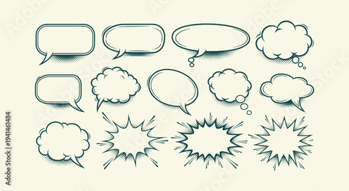 Vintage Comic Book Speech Bubbles Set with Halftone Shading Retro Pop Art Vector Illustration Elements