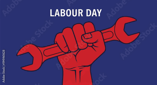 Red fist holding a wrench against a blue background, symbolizing Labour Day and workers' rights.
