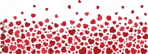 Falling red and pink heart shapes scattered pattern on white background for Valentines Day wedding invitation or romantic celebration decoration.