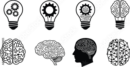 Collection of artificial intelligence icons featuring human brain circuits and light bulbs with gears for creative technology and machine learning,
