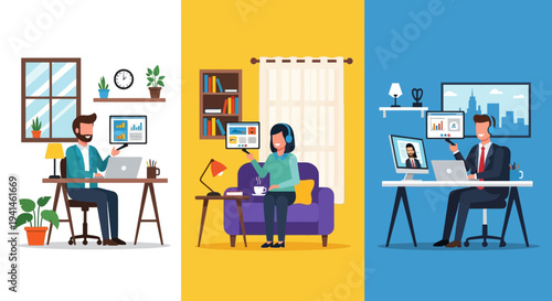Hybrid work vector illustrations of people working remotely
