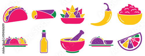 Mexican food icon collection with taco burrito nacho chili and salsa traditional cuisine vector