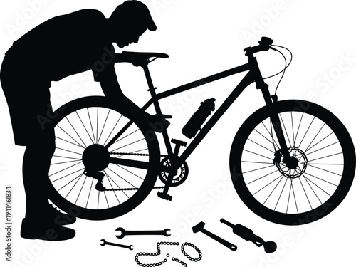 Person repairing bicycle silhouette, mountain bike maintenance with tools, vector illustration for cycling, mechanics, sports, safety, and performance concepts