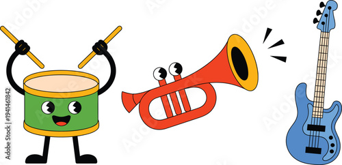 Kawaii musical instrument character set featuring cute drum trumpet and electric bass guitar with happy faces for children