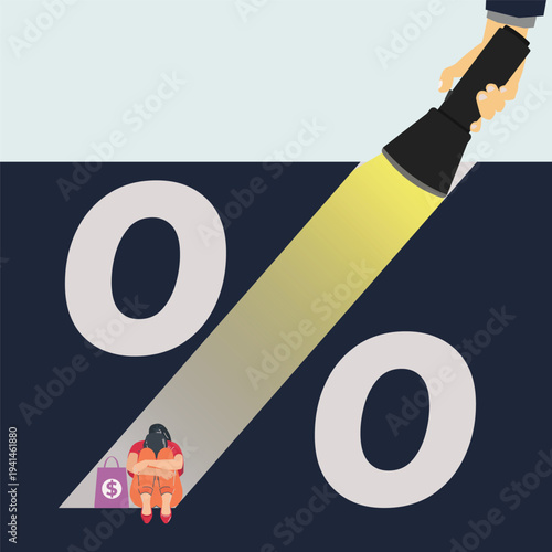 A hand holding a flashlight shines a spotlight on a large percent symbol, revealing a small worried shopper sitting with a shopping bag