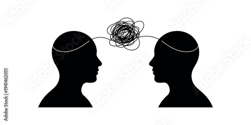 Two black silhouettes with tangled line between heads faces profile