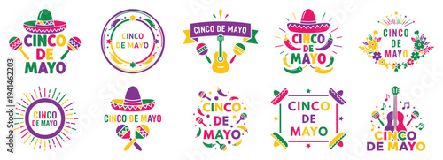 Cinco de mayo typography badge set with sombrero maraca guitar chili festive mexican celebration vector