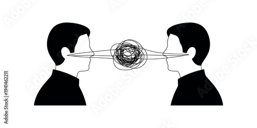 Two men facing each other with chaotic scribbles between their mouths faces profiles silhouettes