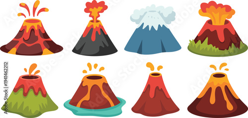 Minimalist flat vector illustration set of erupting volcanoes with lava smoke and mountain peaks for science and geography