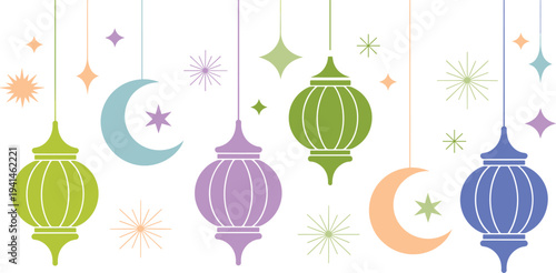 Minimalist Islamic festival illustration set with hanging colorful lanterns and moons isolated on white background for seasonal marketing
