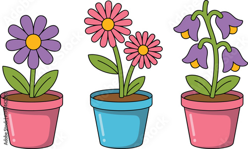 Minimalist potted indoor houseplant vector illustration set featuring monstera snake plant and cactus for home garden decoration