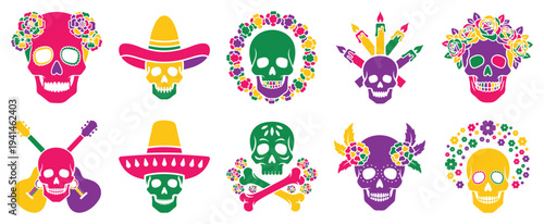 Day of the dead sugar skull decorative icon set with sombrero flower guitar vector collection