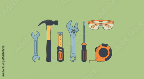 Collection of various hand tools and safety equipment arranged on a light green background.