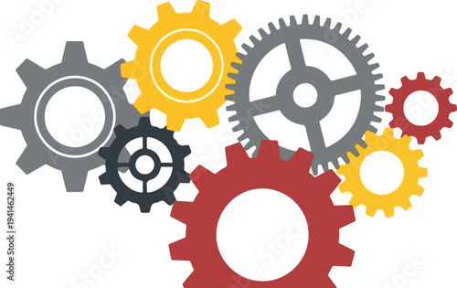 Interlocking gears in various colors and sizes, symbolizing teamwork and mechanical engineering.