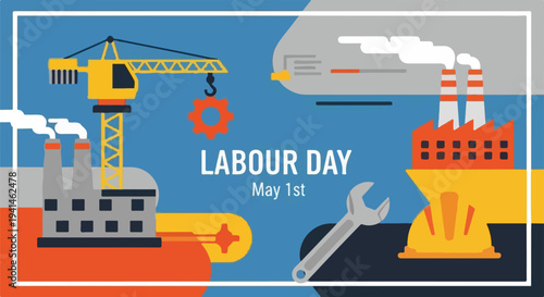 Happy Labour Day illustration with industrial elements like factories, crane, and tools.