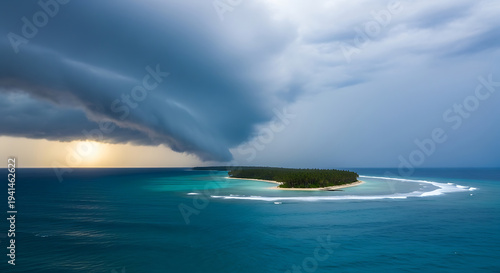 Storm Approaching Paradise Island Aerial View Turquoise Water Dark Sky